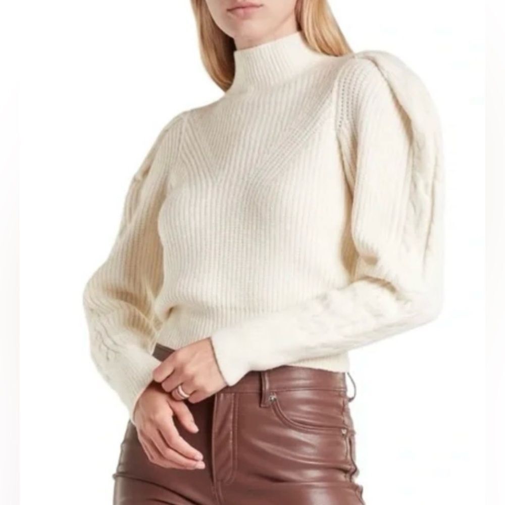 EXPRESS Ivory Mock Neck Back Cutout Puff Sleeve Cropped Sweater - Picture 1 of 8